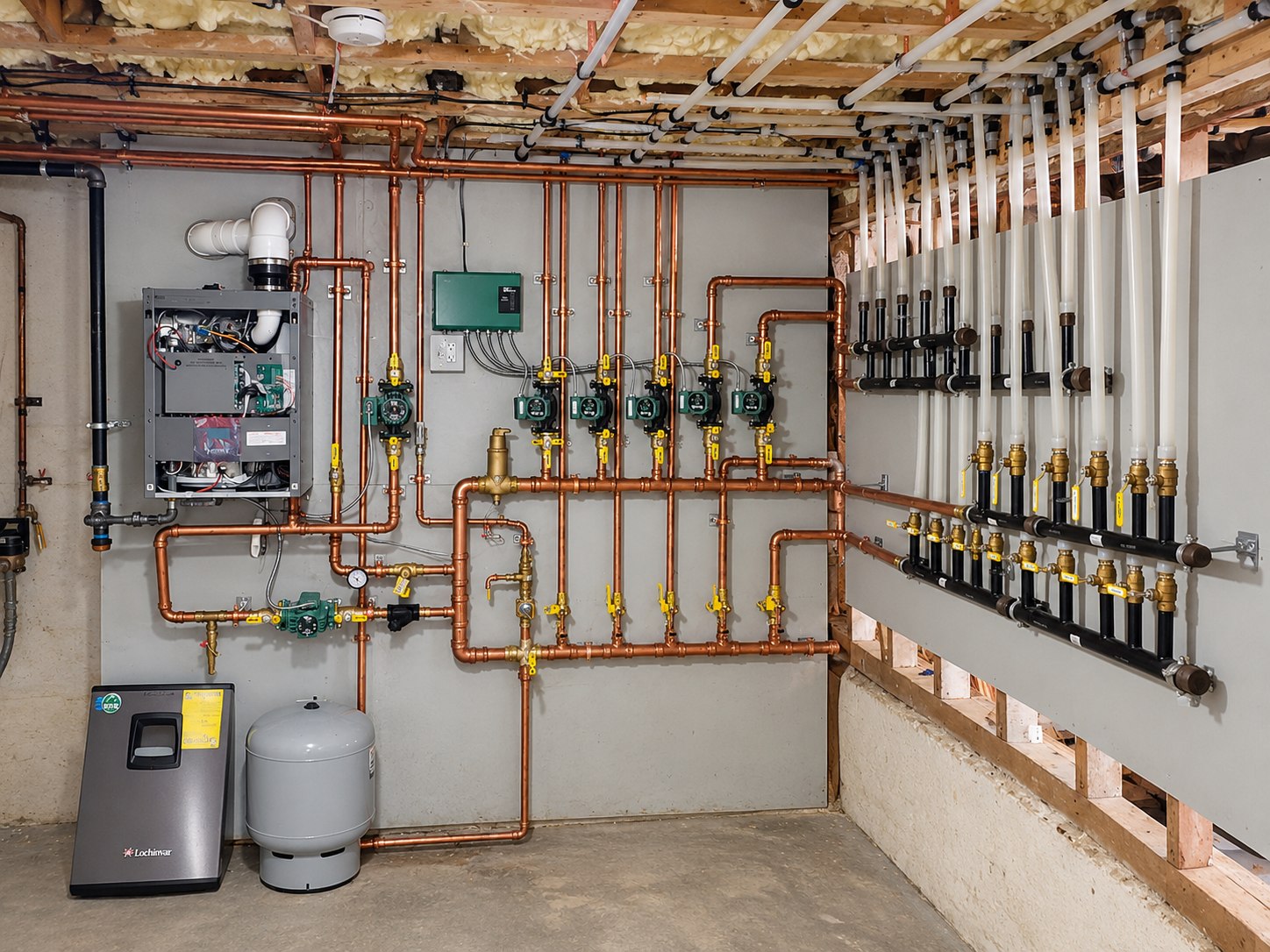 Multi-zone hydronic heating installation with copper piping and circulator pumps